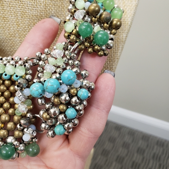 Pam Miran  green turquoise glass cats eye opalite beaded bib statemen necklace - Picture 10 of 14